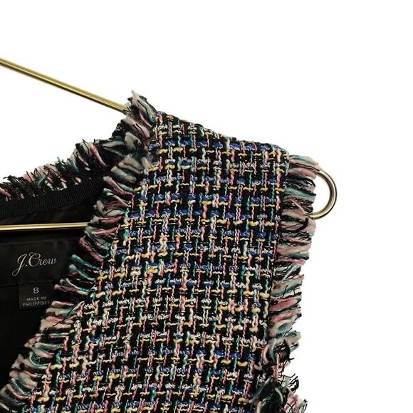 J. Crew Fringe V Neck Sleeveless Tweed Gold Button Black Pink Shift Dress Size 8 - Picture 2 of 9